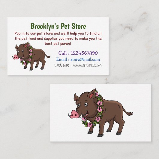 かわいい漫画のイノシシと花 名刺 (正面/裏面)
