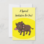 かわいい漫画のイノシシと花 招待状 (裏面)