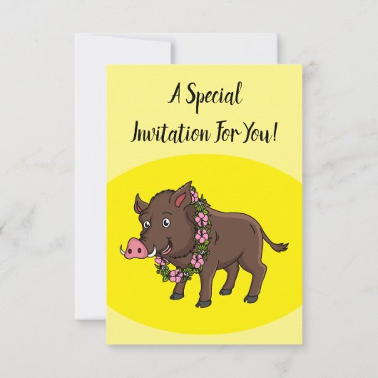 かわいい漫画のイノシシと花 招待状 (裏面)