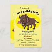 かわいい漫画のイノシシと花 招待状 (正面/裏面)