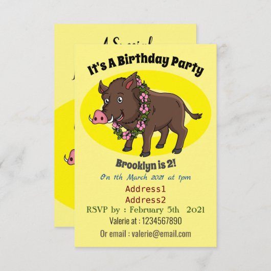 かわいい漫画のイノシシと花 招待状 (正面/裏面)