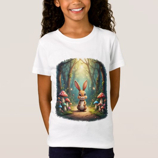 かわいい漫画のウサギが魔法の森の小道に立つ Tシャツ (正面)