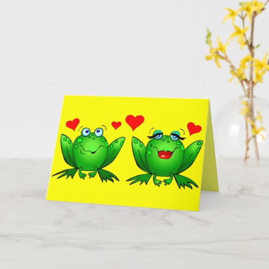 かわいい漫画のカエルのハートの陽気なカラフルのブランク カード (黄色い花)