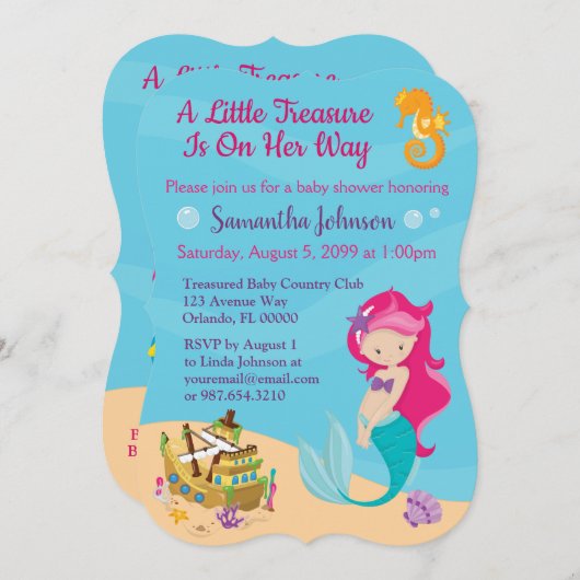 かわいい漫画のキャラクターマーメイドベビーシャワーデザイン 招待状 (正面/裏面)