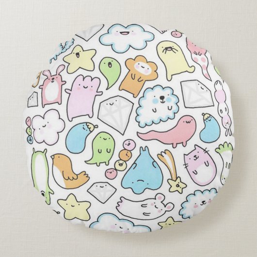 かわいい漫画のキャラクター ラウンドクッション (正面)