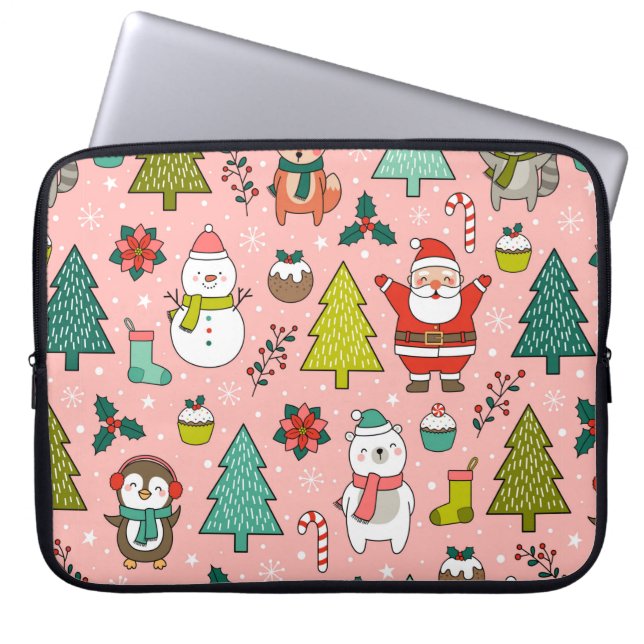 かわいい漫画のキャラクター、松の木とクリスマスe ラップトップスリーブ (正面)