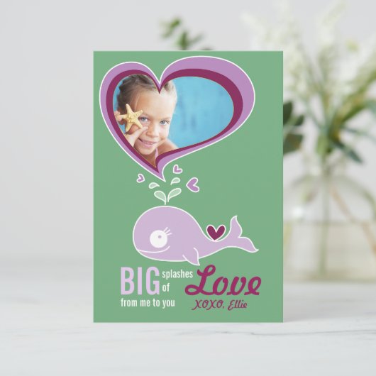 かわいい漫画のクジラの子供の教室バレンタイン写真 招待状 (スタンド正面)