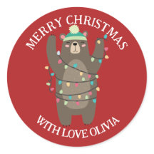 かわいい漫画のクマがもつれたクリスマスライト