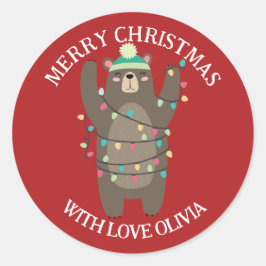 かわいい漫画のクマがもつれたクリスマスライト ラウンドシール