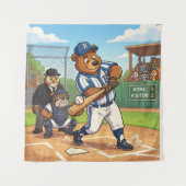 かわいい漫画のクマが野球をする タペストリー (正面)