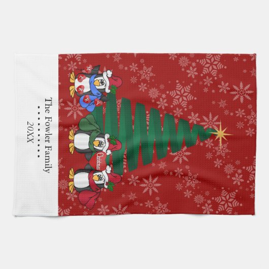 かわいい漫画のクリスマスのペンギン キッチンタオル (横)