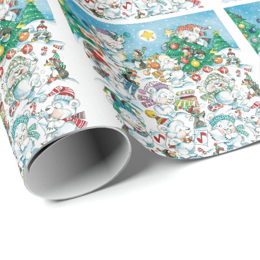 かわいい漫画のクリスマスポーラベアペンギンパーティー ラッピングペーパー (ロールコーナー)