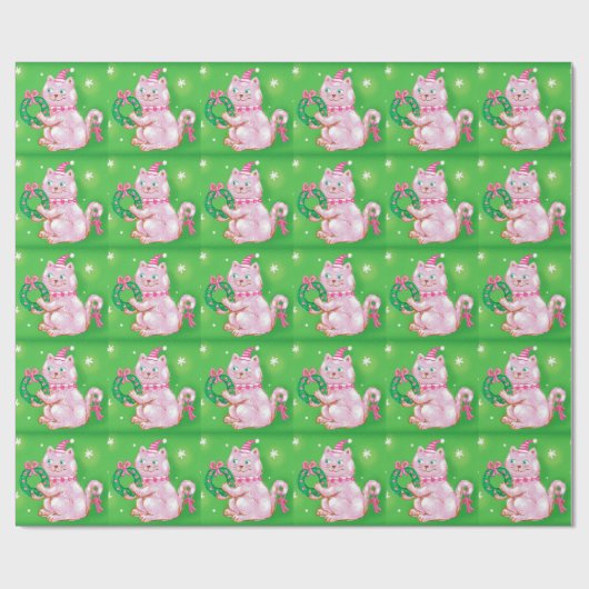 かわいい漫画のクリスマス猫が花輪を持っている ラッピングペーパー (フラット)