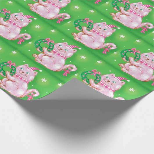 かわいい漫画のクリスマス猫が花輪を持っている ラッピングペーパー (角)