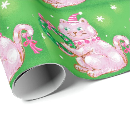 かわいい漫画のクリスマス猫が花輪を持っている ラッピングペーパー (ロールコーナー)