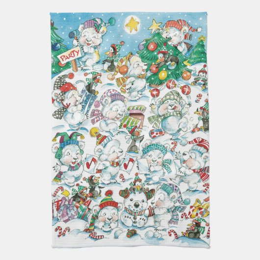 かわいい漫画のクリスマス・ポーラーベア・ペンギンパーティ キッチンタオル (縦)