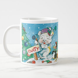 かわいい漫画のクリスマス・ポーラーベア・ペンギンパーティ ジャンボコーヒーマグカップ