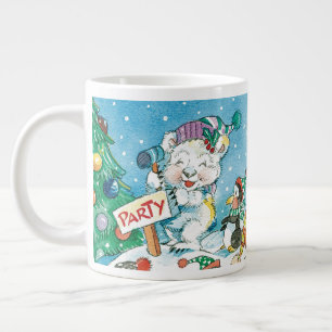 かわいい漫画のクリスマス・ポーラーベア・ペンギンパーティ ジャンボコーヒーマグカップ