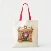 かわいい漫画のサンタクロースが煙突から降りてくる トートバッグ (正面)