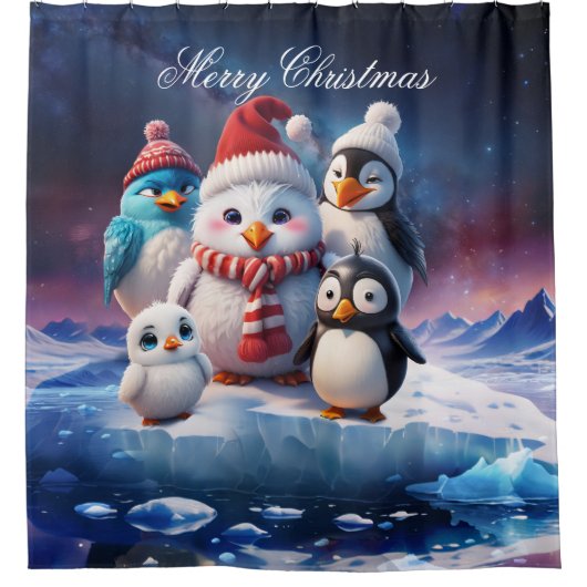 かわいい漫画のスタイルペンギン。 シャワーカーテン (正面)