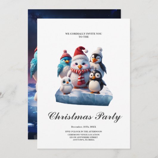 かわいい漫画のスタイルペンギン。 招待状 (正面/裏面)