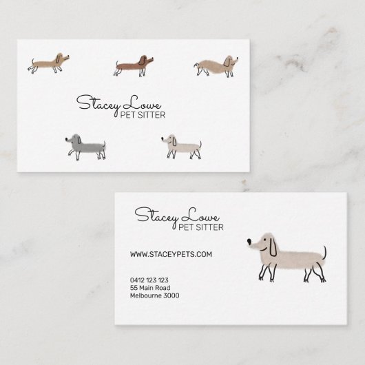かわいい漫画のソーセージ犬ペットシッター | ドッグウォーカー 名刺 (正面/裏面)