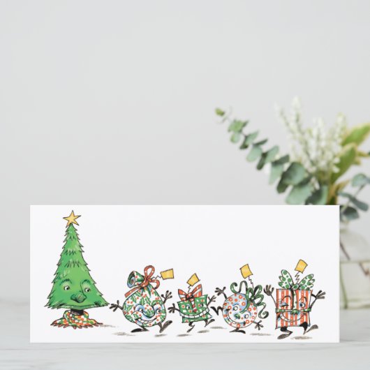 かわいい漫画のダンシングクリスマスプレゼントとツリー (スタンド正面)