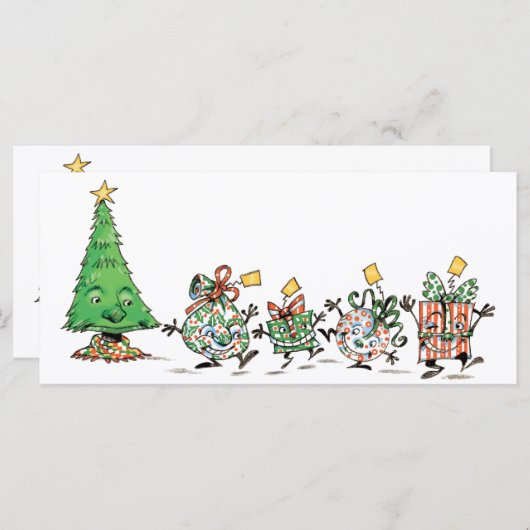 かわいい漫画のダンシングクリスマスプレゼントとツリー (正面/裏面)