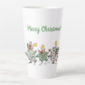 かわいい漫画のダンシングクリスマスプレゼントとツリー カフェラテマグ (正面)