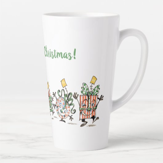 かわいい漫画のダンシングクリスマスプレゼントとツリー カフェラテマグ (右)