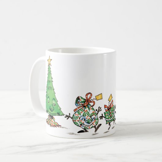 かわいい漫画のダンシングクリスマスプレゼントとツリー コーヒーマグカップ (正面左)