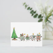 かわいい漫画のダンシングクリスマスプレゼントとツリー シーズンポストカード (スタンド正面)