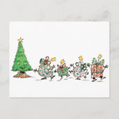 かわいい漫画のダンシングクリスマスプレゼントとツリー シーズンポストカード (正面)