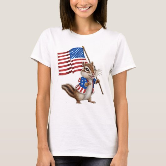 かわいい漫画のチップムンクとアメリカ国旗 Tシャツ (正面)