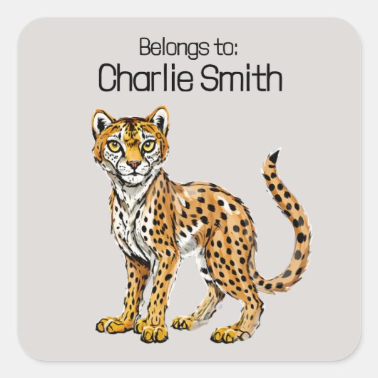 かわいい漫画のチーターの名前ラベル スクエアシール (正面)