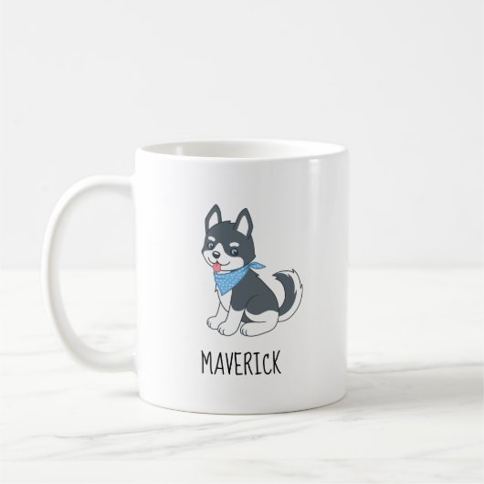 かわいい漫画のハスキー犬の名前をカスタムする コーヒーマグカップ (左)