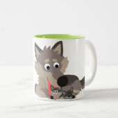 かわいい漫画のパパのオオカミおよび子犬のマグ ツートーンマグカップ (正面右)