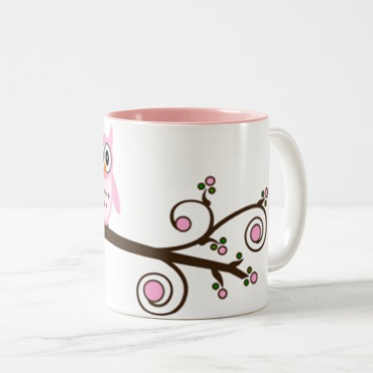 かわいい漫画のピンクのフクロウ ツートーンマグカップ (正面右)