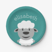 かわいい漫画のファームヒツジ – ティール(緑がかった色)とグレー ペーパープレート (正面)