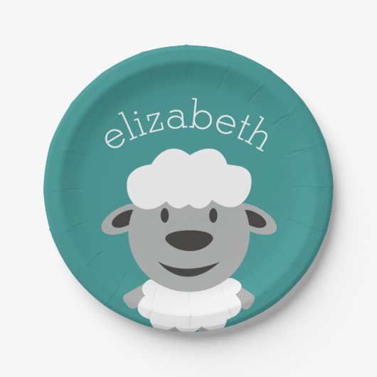 かわいい漫画のファームヒツジ – ティール（緑がかった色）とグレー ペーパープレート (正面)