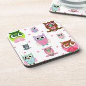 かわいい漫画のフクロウおよびピンクの点のコースター コースター (左側)