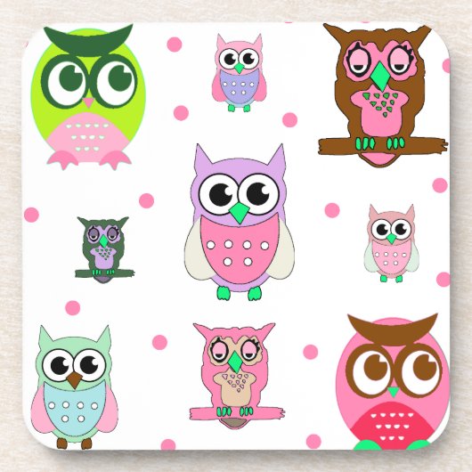 かわいい漫画のフクロウおよびピンクの点のコースター コースター (正面)
