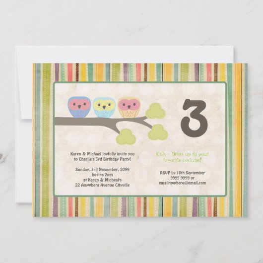 かわいい漫画のフクロウの誕生会のレトロの招待状 招待状 (裏面)