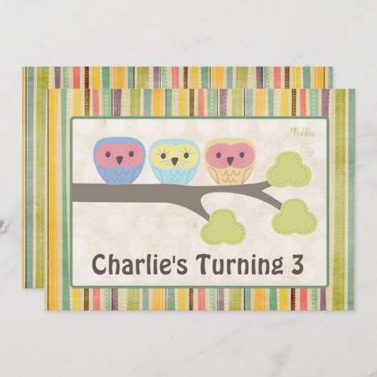 かわいい漫画のフクロウの誕生会のレトロの招待状 招待状 (正面/裏面)