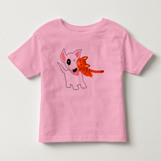 かわいい漫画のブルテリアおよび子ネコの子供のTシャツ トドラーTシャツ (正面)