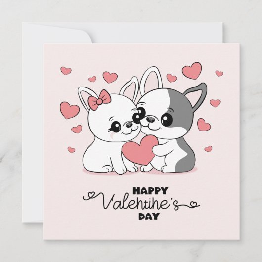 かわいい漫画のブルドッグ愛好家のハートバレンタインデー シーズンカード (正面)