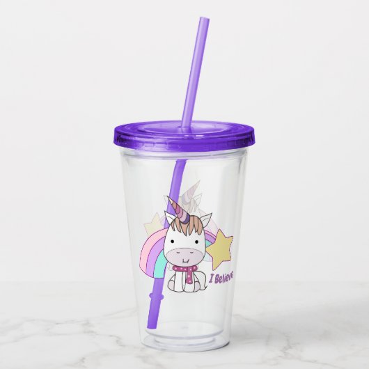 かわいい漫画のベビーのユニコーンおよび虹 アクリルタンブラー (裏面)