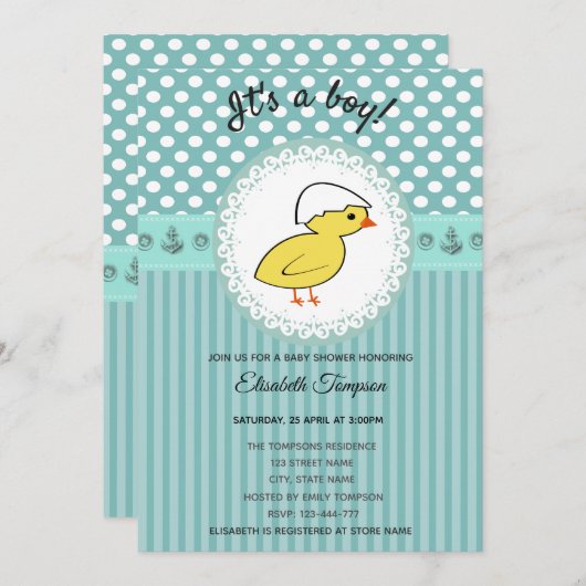 かわいい漫画のベビーチキンボーイ赤ちゃんシャワー 招待状 (正面/裏面)