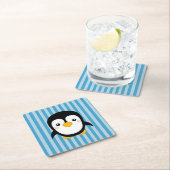 かわいい漫画のペンギンのデザインの青い縞パターン スクエアペーパーコースター (インサイチュ)