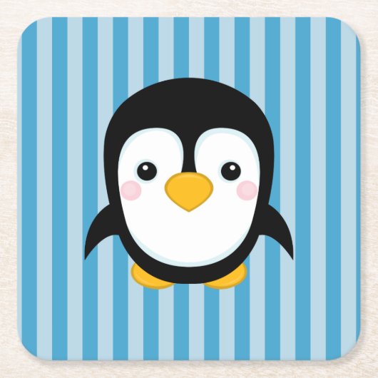 かわいい漫画のペンギンのデザインの青い縞パターン スクエアペーパーコースター (正面)